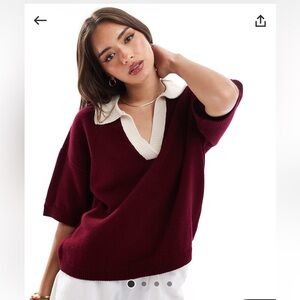 ASOS DESIGN knit polo top with contrast notch collar in burgundy